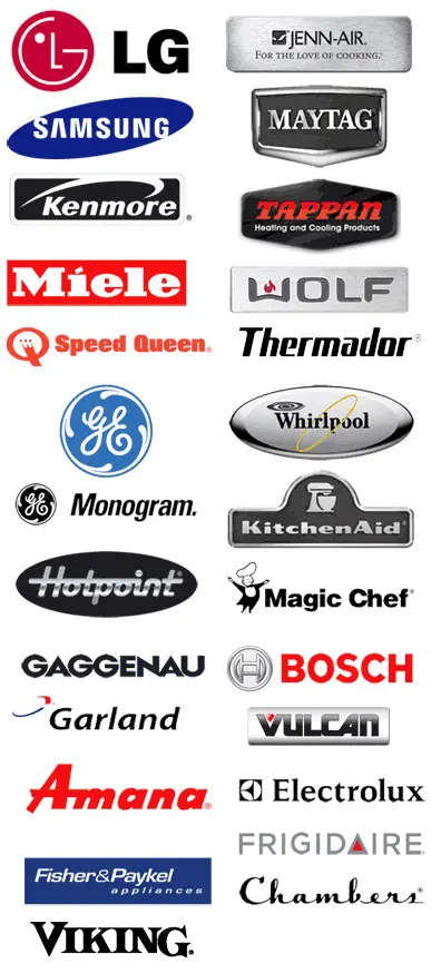 Whirlpool MayTag Frigidaire Kenmore-Elite Kenmore GE-Profile GE GE-Monogram LG Samsung Admiral Amana Bosh dacor DCS Electrolux-Icon Electrolux Estate FisherPaykel HotPoint Inglis Jenn-Air KitchenAir Magic-Chef Roper Sears Sharp Speed-Queen Sub-Zero Tappan Thermador U-Line Viking Wolf brand